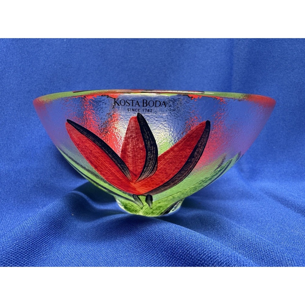 Kosta Boda Tulipa Art Glass Bowl 5.5" Hand Painted Signed Ulrica Hydman-Vallien - Picture 4 of 9